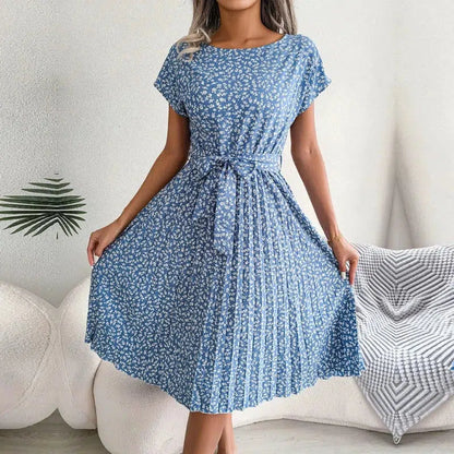 Cheky - Women Spring Summer Short Sleeve High Waist Chic Dress Fashion Floral Pleated A Line Long Dress