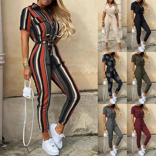 Cheky - Women's Monochromatic Belt Workwear Jumpsuit, Casual Pants, Flip Collar, Buckle, European and American, Summer, 2023