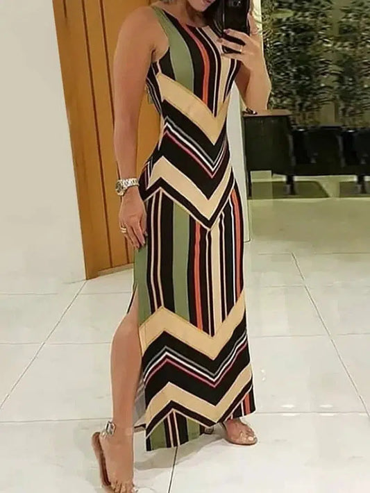 Cheky - Colorful Striped Print Side Slit Maxi Dress Women