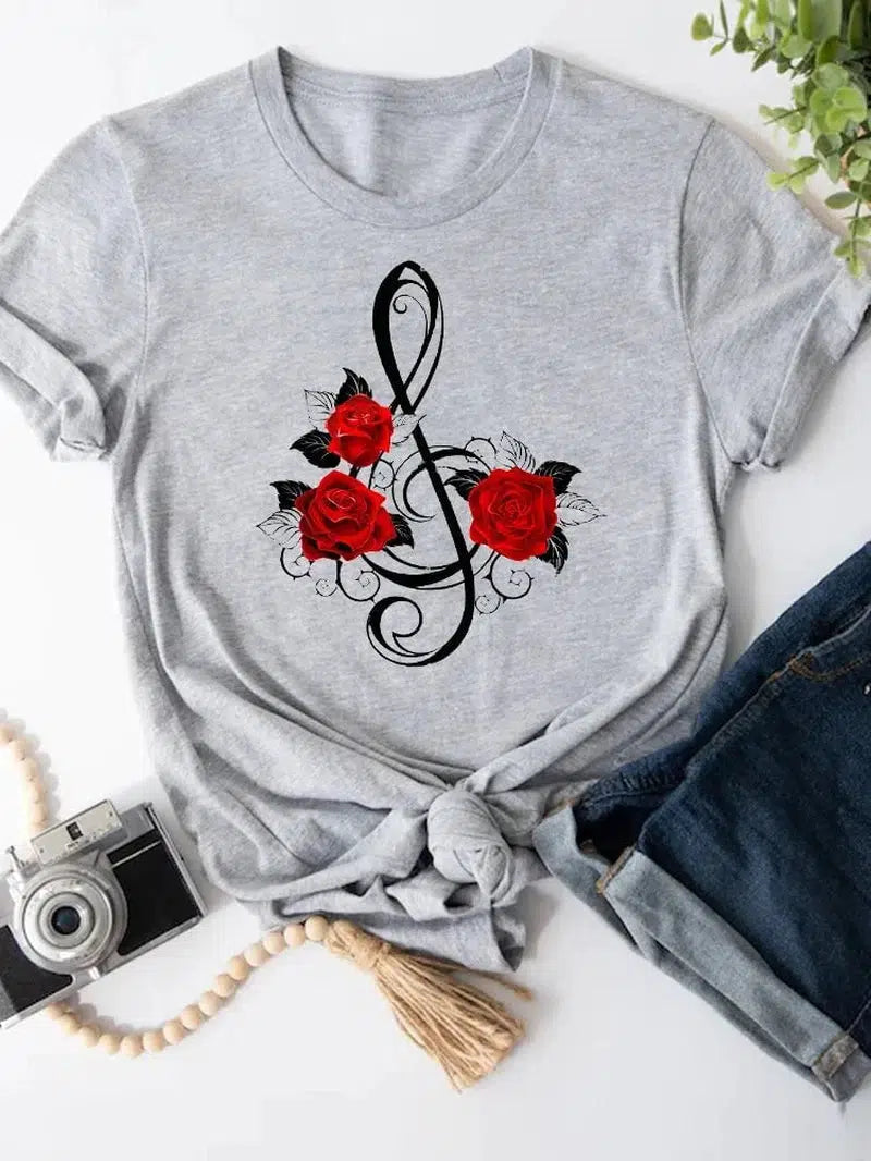 Cheky - Short Sleeve Butterfly Bow Sweet Flower Fashion Summer Women Print T Shirt Female Casual Top Tshirts Cartoon Graphic Tee T-Shirt