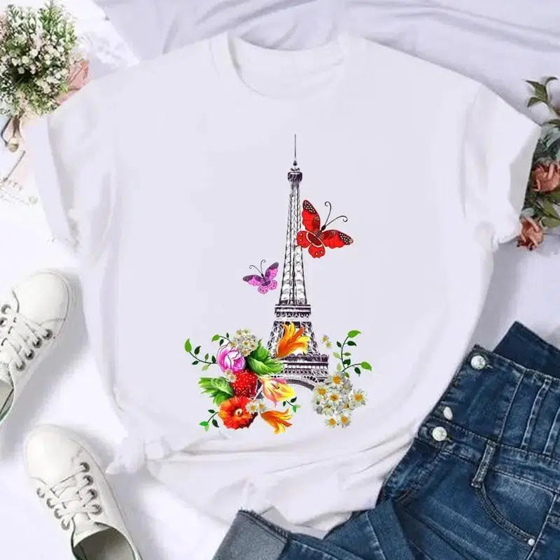 Cheky - Short Sleeve Butterfly Bow Sweet Flower Fashion Summer Women Print T Shirt Female Casual Top Tshirts Cartoon Graphic Tee T-Shirt