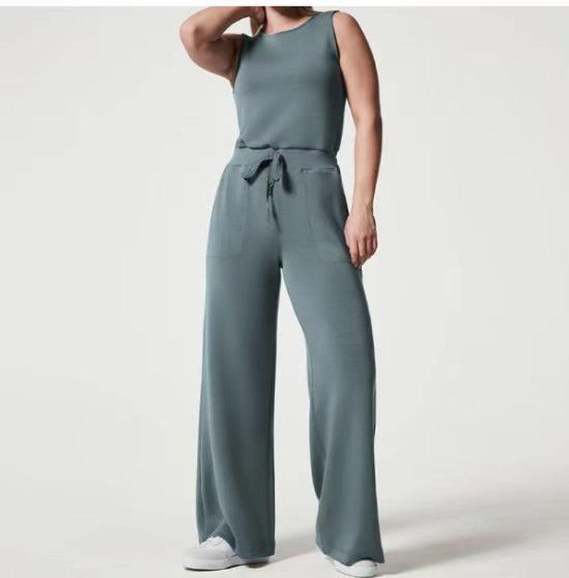 Cheky - Solid Color Jumpsuit Sleeveless Tops Tie Elastic Pants Romper