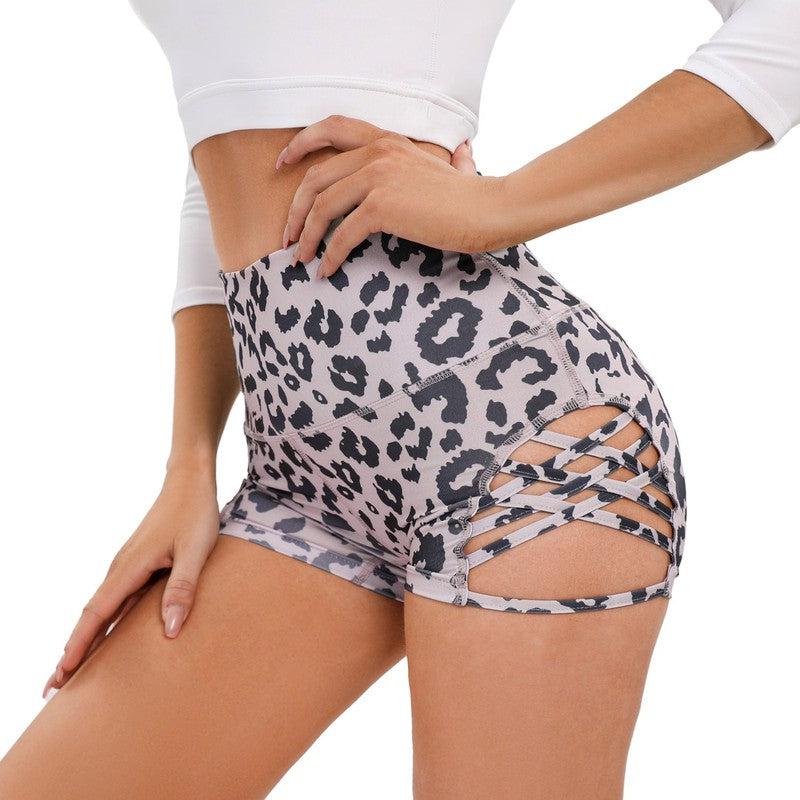 Cheky - Camouflage Leopard Print Yoga Pants For Women High Waist Tight Shorts With Side Hollow Design Sexy Fitness Pole Dancing Sports Shorts