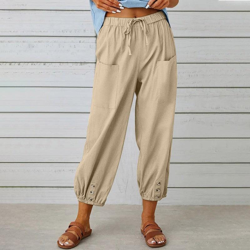 Cheky - Women Drawstring Tie Pants Spring Summer Cotton And Linen Trousers With Pockets Button