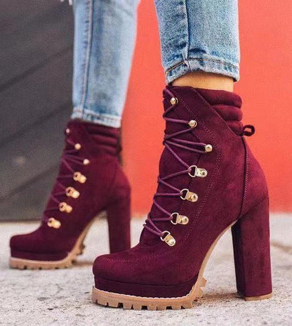 Cheky - Heeled Boots For Women Round Toe Lace UP High Heels Boots Mid Calf Shoes