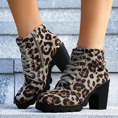 Cheky - Fashoin Leopard Print Ankle Boots Winter Square Heel Suede Lace-up Zip Boots Women Casual Versatile Shoes Autumn And Winter