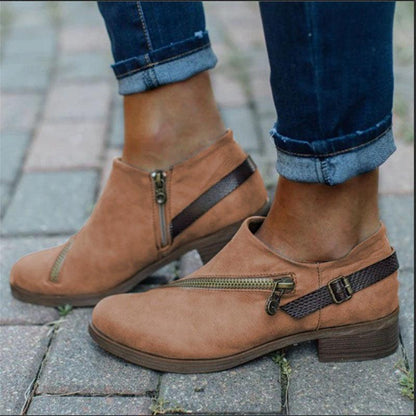 Cheky - Retro Ankle Boots With Side Zipper Belt Buckle Design Round Toe Low Heel Boot Female Winter Autumn Fashion Women's Shoes