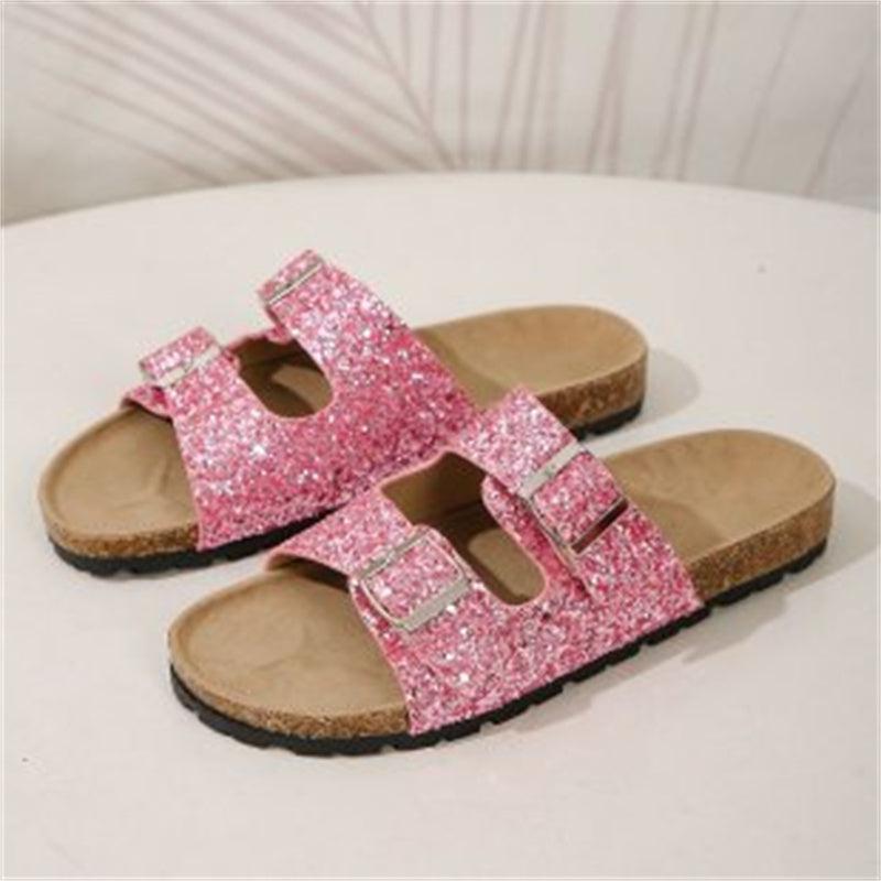 Cheky - Double Buckle Sandals For Women New Fashion Sequined Beach Shoes Summer Leisure Outdoor Slippers Slides