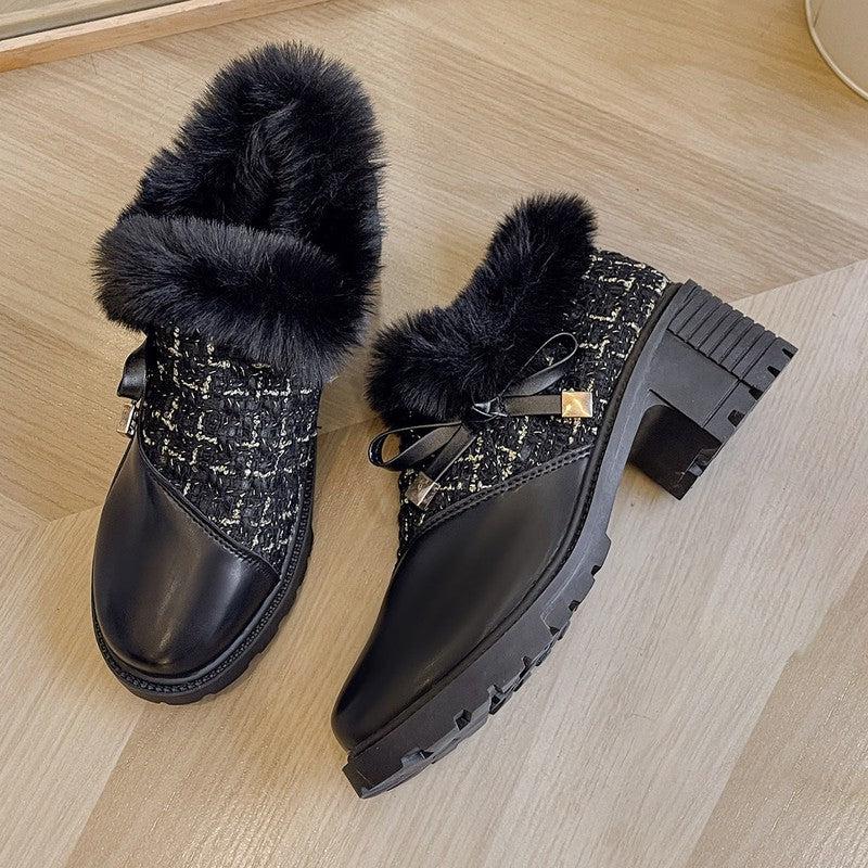 Cheky - Round Toe Thick Square Heel Elegant Boots With Cute Bow Side Zipper Plus Velvet Ankle Boots Winter Warm Plush Shoes For Women