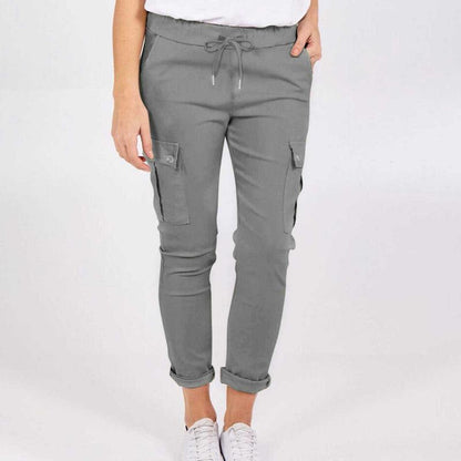 Cheky - Casual Cargo Pants With Pockets Solid Color Drawstring Waist Pencil Trousers For Women