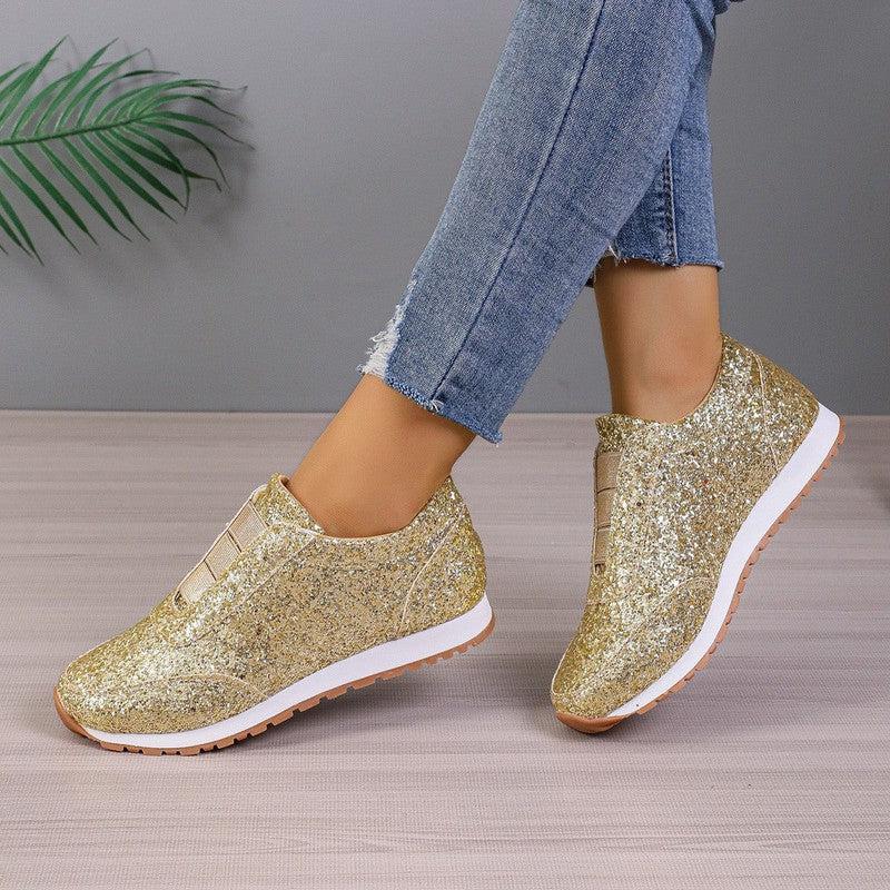 Cheky - Gold Sliver Sequined Flats New Fashion Casual Round Toe Slip-on Shoes Women Outdoor Casual Walking Running Shoes