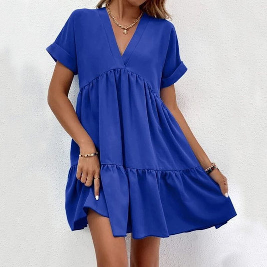 Cheky - New Short-sleeved V-neck Dress Summer Casual Sweet Ruffled Dresses Solid Color Holiday Beach Dress For Womens Clothing