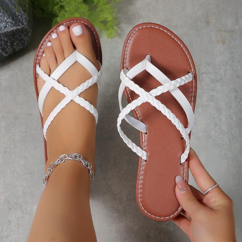 Cheky - Cross-woven Design Thong Sandals Summer Flat Shoes Women Flip Flops Slides Casual Vacation Beach Slippers