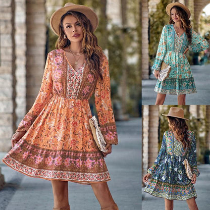 Cheky - Printed V-neck Waist-controlled Long Sleeves Dress Women