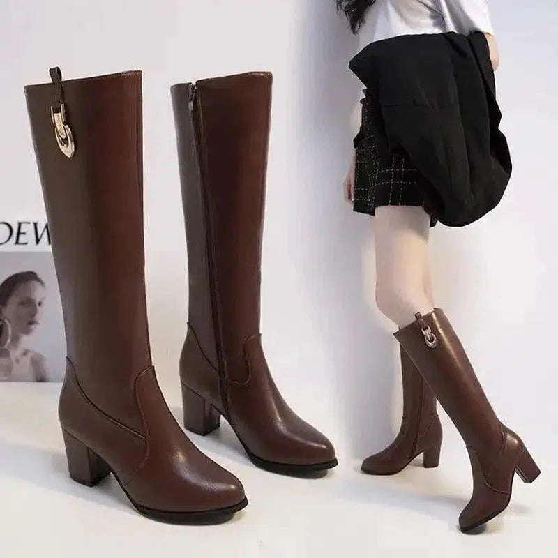 Cheky - Autumn And Winter Thick Heel High Heel Pointed High Boots Women Black All-match Knight Boots