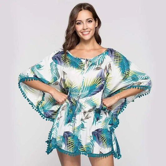 Cheky - Bat Sleeve Fringed Short Print Dress