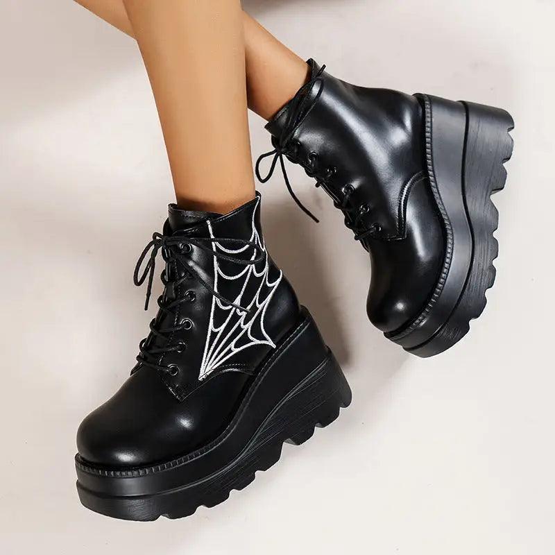 Cheky - Black Martin Boots Fashion Spider Web Print Shoes Chunky Heel Boots For Women