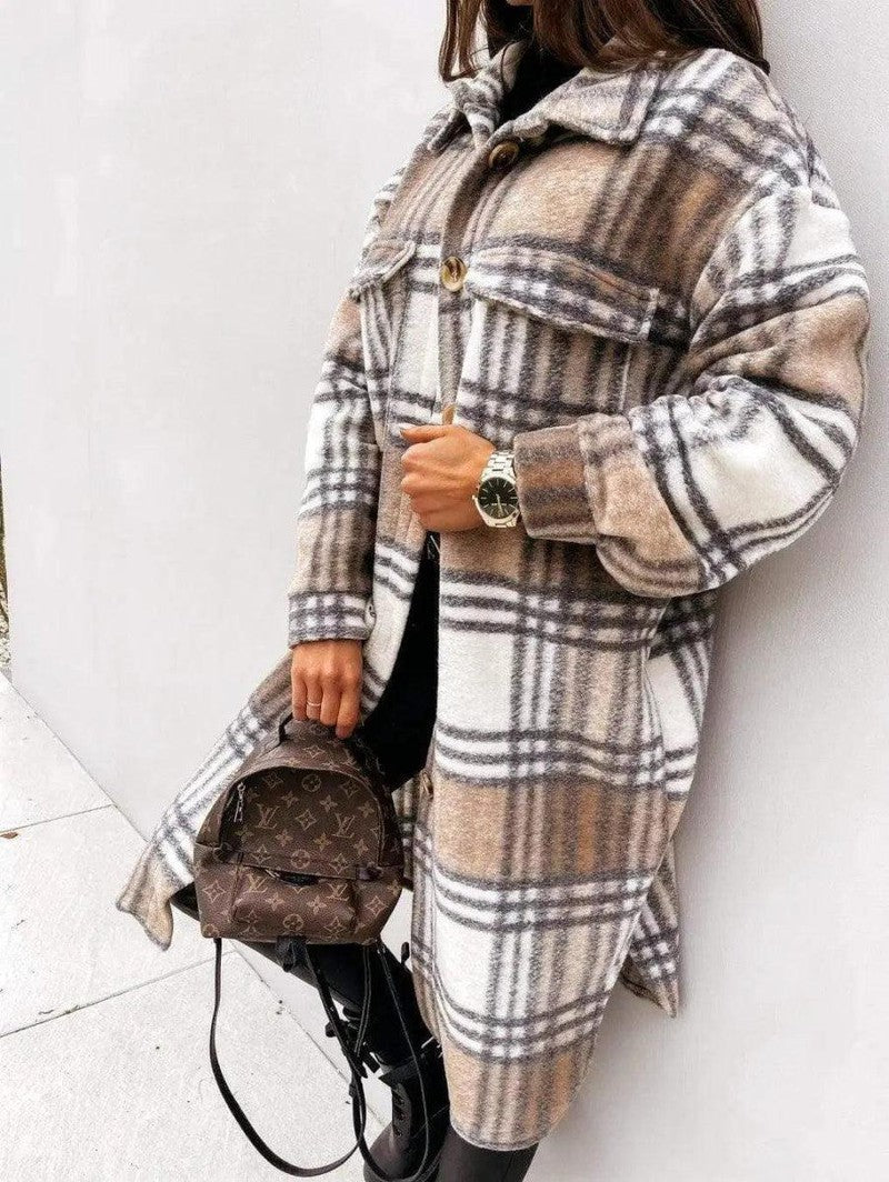 Cheky - Button lapel casual warm plaid long woolen coat