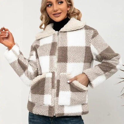 Cheky - Casual Check Plush Lapel Jacket Lamb Fleece Check Pocket Top