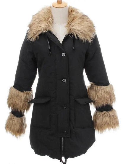 Cheky - Casual Women Hooded Long Outwear Fur Collar Long Sleeve