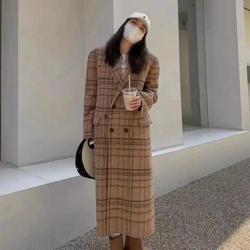 Cheky - Checked Double-sided Wool Coat For Women Long Knee-length