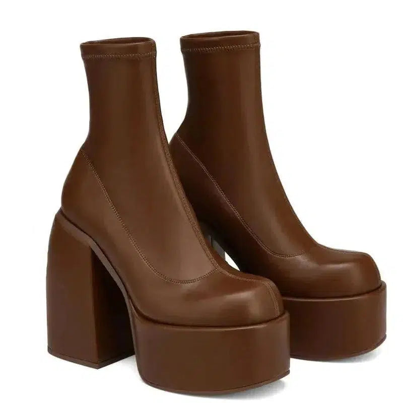 Cheky - Chunky Boots Fashion High Heel Shoes With Side Zipper Women