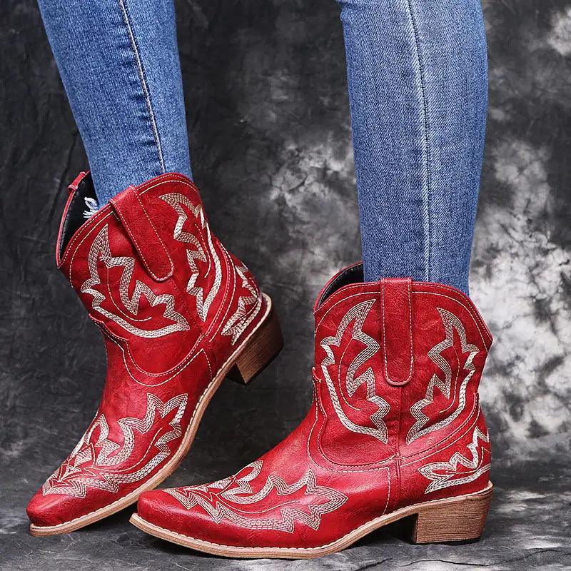 Cheky - Cowboy Boots Women Embroidery Wedge Heel Shoes Western Cowgirl Boots