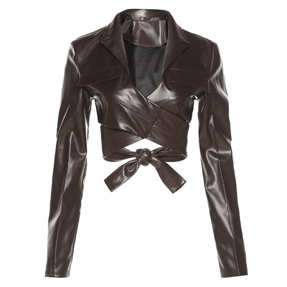 Cheky - Cross StrapsWaist And ChestLong-sleeved Pu Leather Short Jacket Women