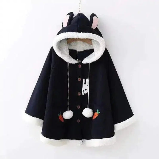 Cheky - Embroidered Hooded Rabbit Ears Fur Ball And Fleece Cloak