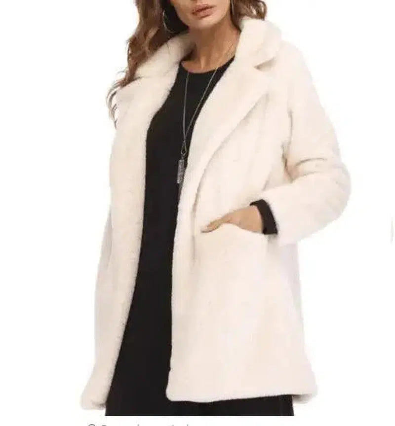 Cheky - Faux Fur Coat Women Long Sleeve Warm Thick Wave Jackets Plus