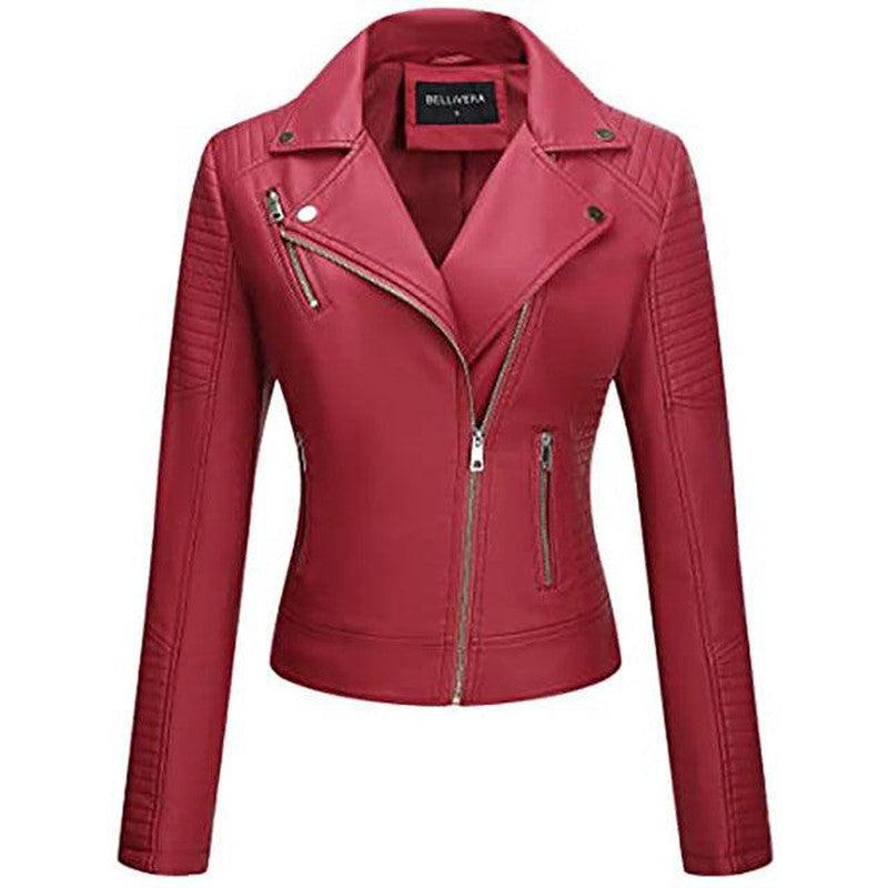 Cheky - Giolshon Autumn Flowers Embroidery PU Leather Jacket Women