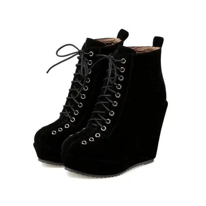 Cheky - High-heeled Sponge Cake Was Thin Suede Lace-up Martin Boots Women