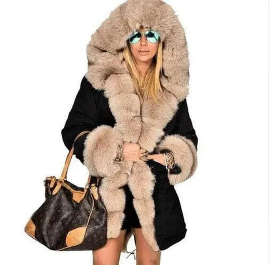 Cheky - Large fur collar warm coat long hooded coat cotton coat