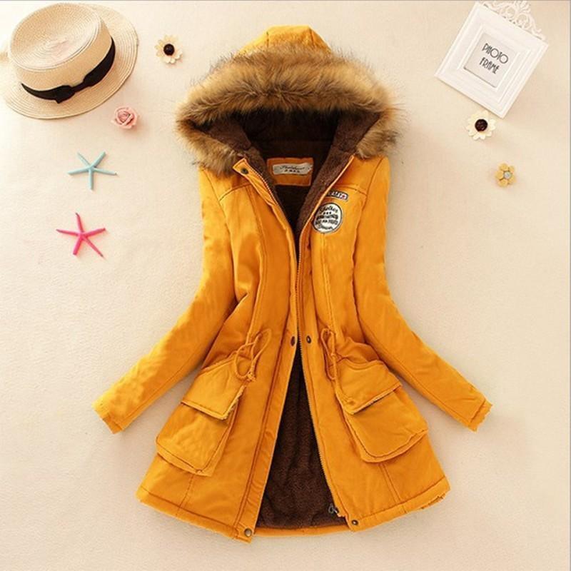 Cheky - Long Women's Cotton-Padded Jacket With Wool Collar