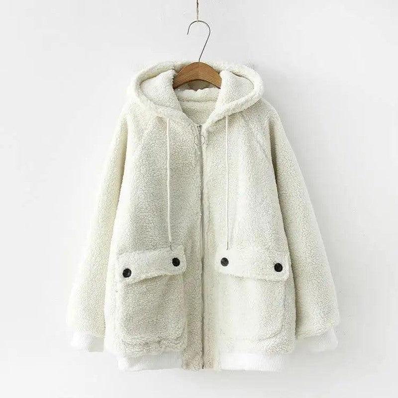 Cheky - Loose Hooded Warm Lamb Fur Jacket