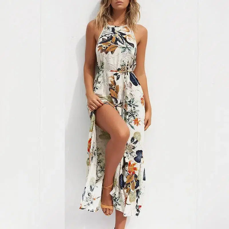 Cheky - European and American sling cotton printed long beach dress