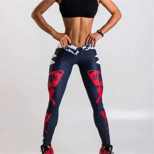 Cheky - Red Butterfly Print Leggings Women's Sports Yoga Pants