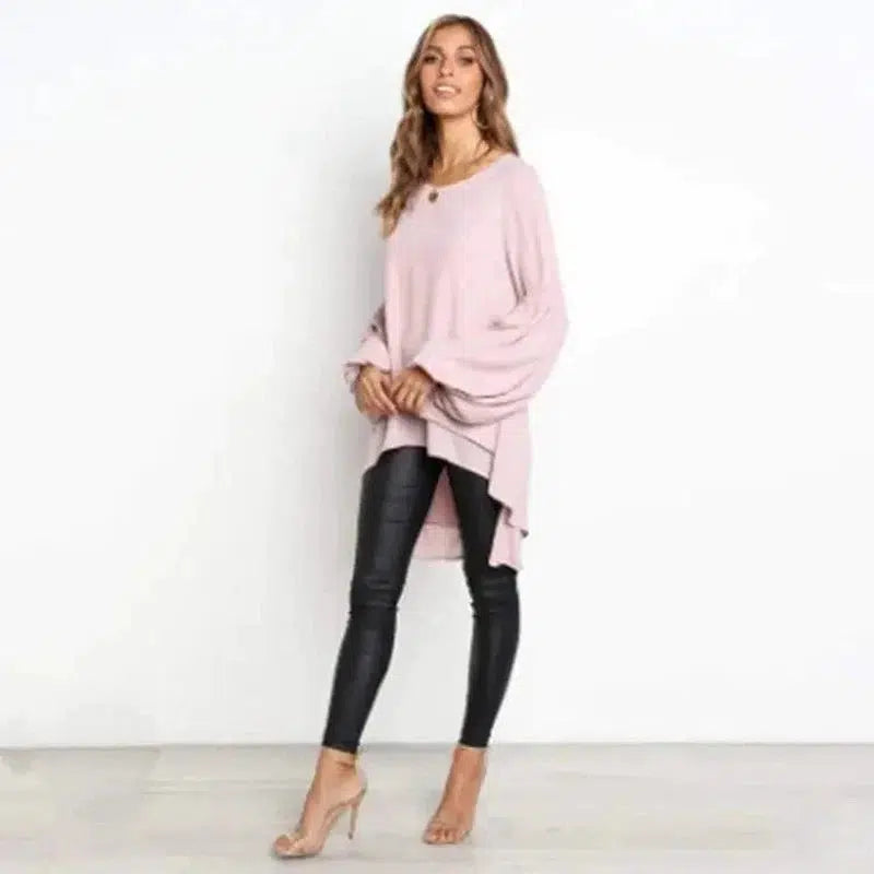 Cheky - Round Neck Lantern Sleeve Irregular Ladies Top