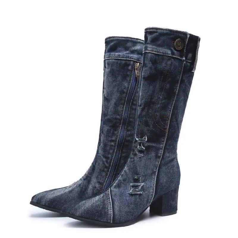 Cheky - Pointed Toe Thick Heel Denim High Boots For Women