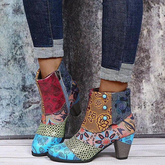 Cheky - Print Ankle Boots Chunky Mid Heel Boots Women Side Zipper Shoes