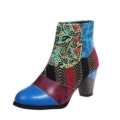 Cheky - Print Ankle Boots Chunky Mid Heel Boots Women Side Zipper Shoes