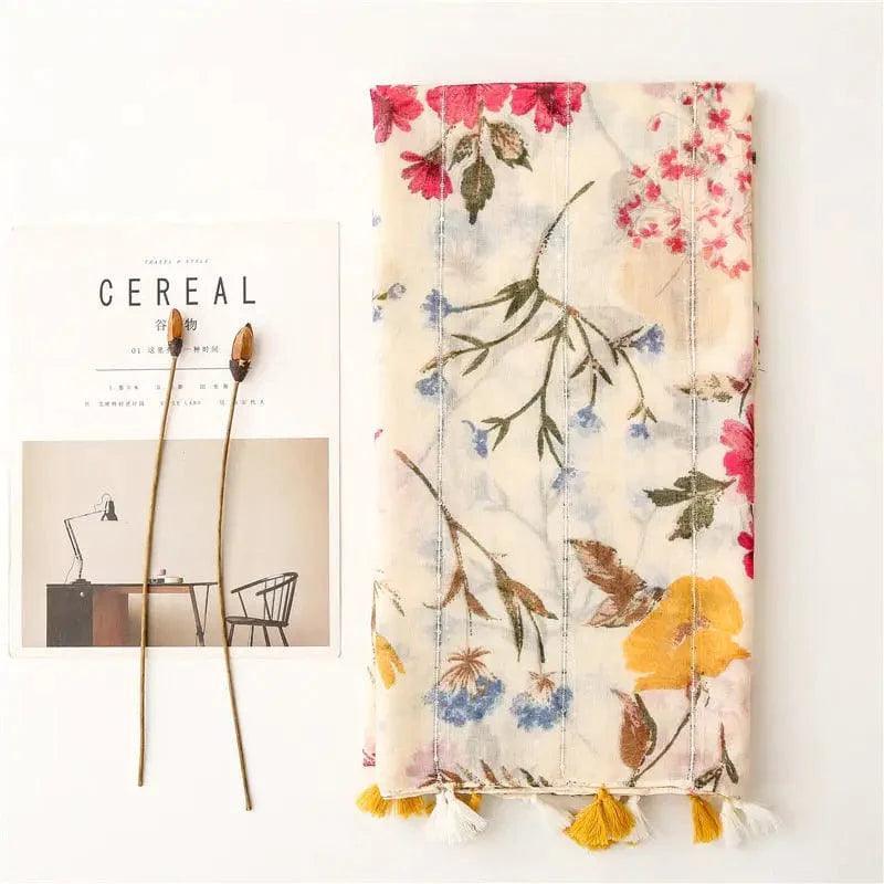 Cheky - Retro Style Rice Coffee Flower With Sequin Scarf Travel Sunscreen Long Style