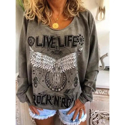 Cheky - Women Loose Round Neck Printed Sweater