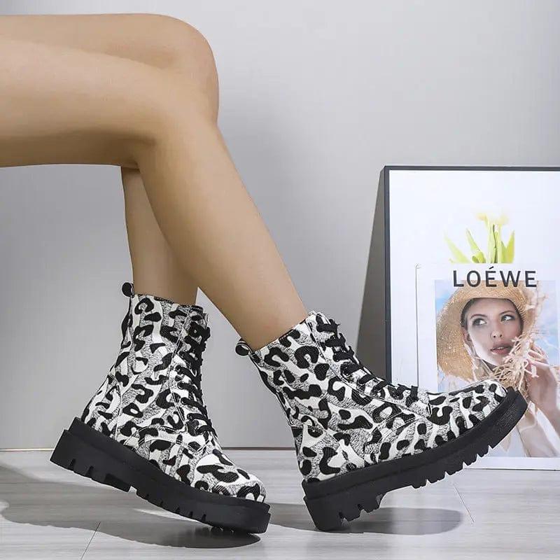 Cheky - Women Martin Boots Black White Leopard Print Low Heel Shoes Cowgirl Boots