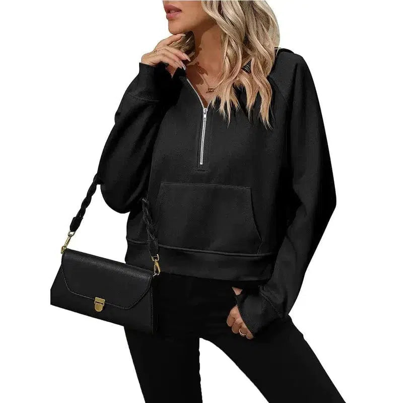 Cheky - Women's Half Zip Pullover Hooded Sweatshirt Fleece Short Chic Sweatshirt