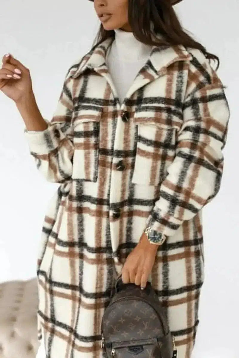 Cheky - Women's Long-sleeved Plaid Print Mid-length Shirt Jacket